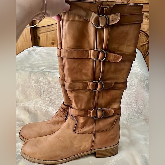 Two Lips Shoes - TWO LIPS 👢 16” BROWN LEATHER FULL ZIP RUBBER HEEL KNEE HIGH BUCKLE BOOTS Size 10